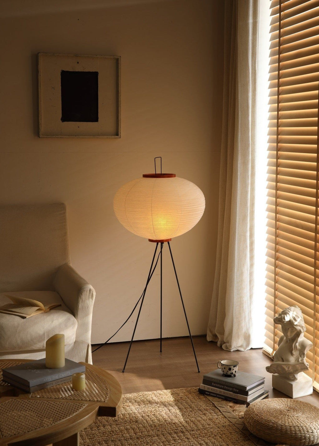 Rice Paper Floor Lamp with Wooden Base - Soft Ambient Lighting for Living Room & Bedroom Decor