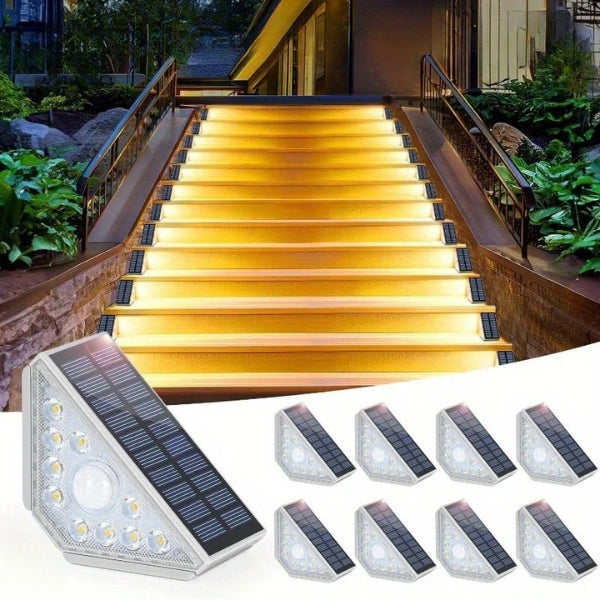 LED Motion Sensor Outdoor Solar Step Lights - 550LM Super Bright 10-LED Warm White Waterproof Lighting for Porch, Patio & Deck