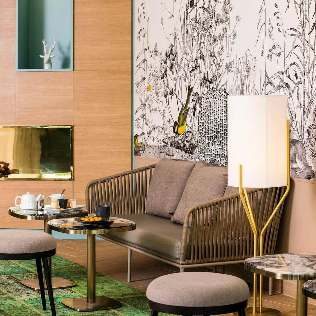 LED Floor Lamp with Adjustable Height and Natural Wood Base for Living Room & Home Office Lighting