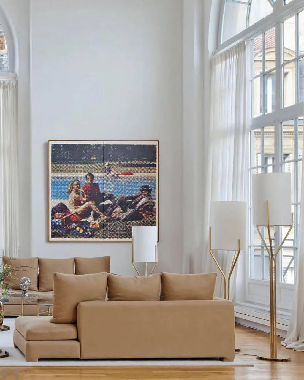 LED Floor Lamp with Adjustable Height and Natural Wood Base for Living Room & Home Office Lighting