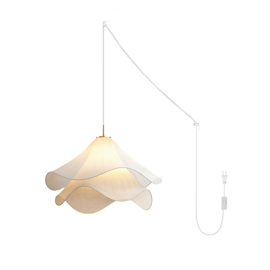 Ethereal Bloom Plug-in Pendant Light | White Fabric Shade, Gold Hardware & Ideal for Dining Rooms and Living Spaces