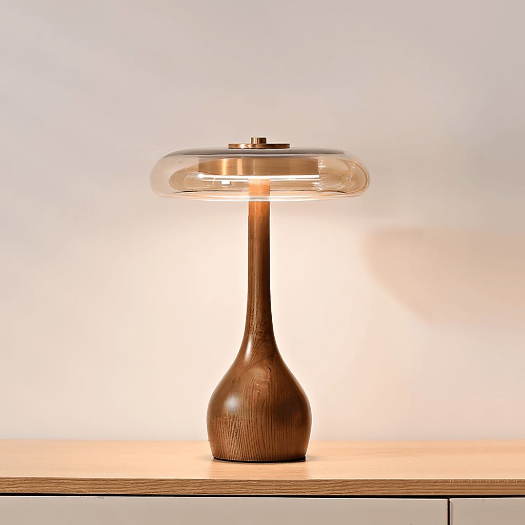 Wooden Table Lamp | Amber Glass Shade, Integrated LED & Warm Light for Indoor Use