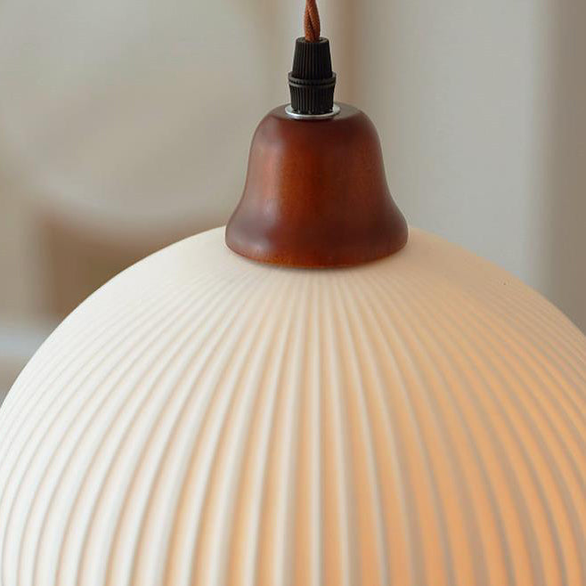Vintage Japanese Ceramic Pleated Pendant Light Fixture - Round Dome Design for Dining Room & Kitchen