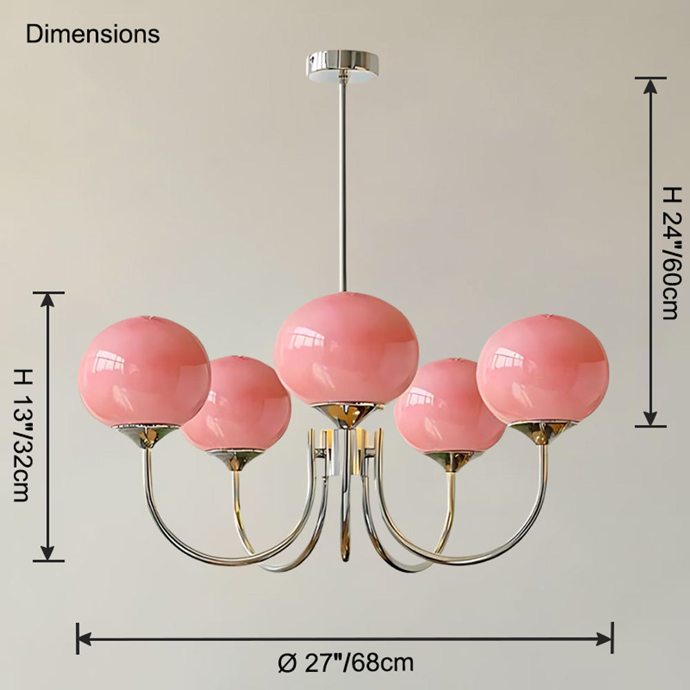 Pink Glass Globe Chandelier - Modern Arm Fixture for Living Room & Dining Room Lighting