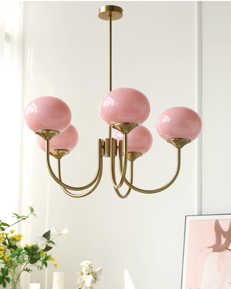 Pink Glass Globe Chandelier - Modern Arm Fixture for Living Room & Dining Room Lighting