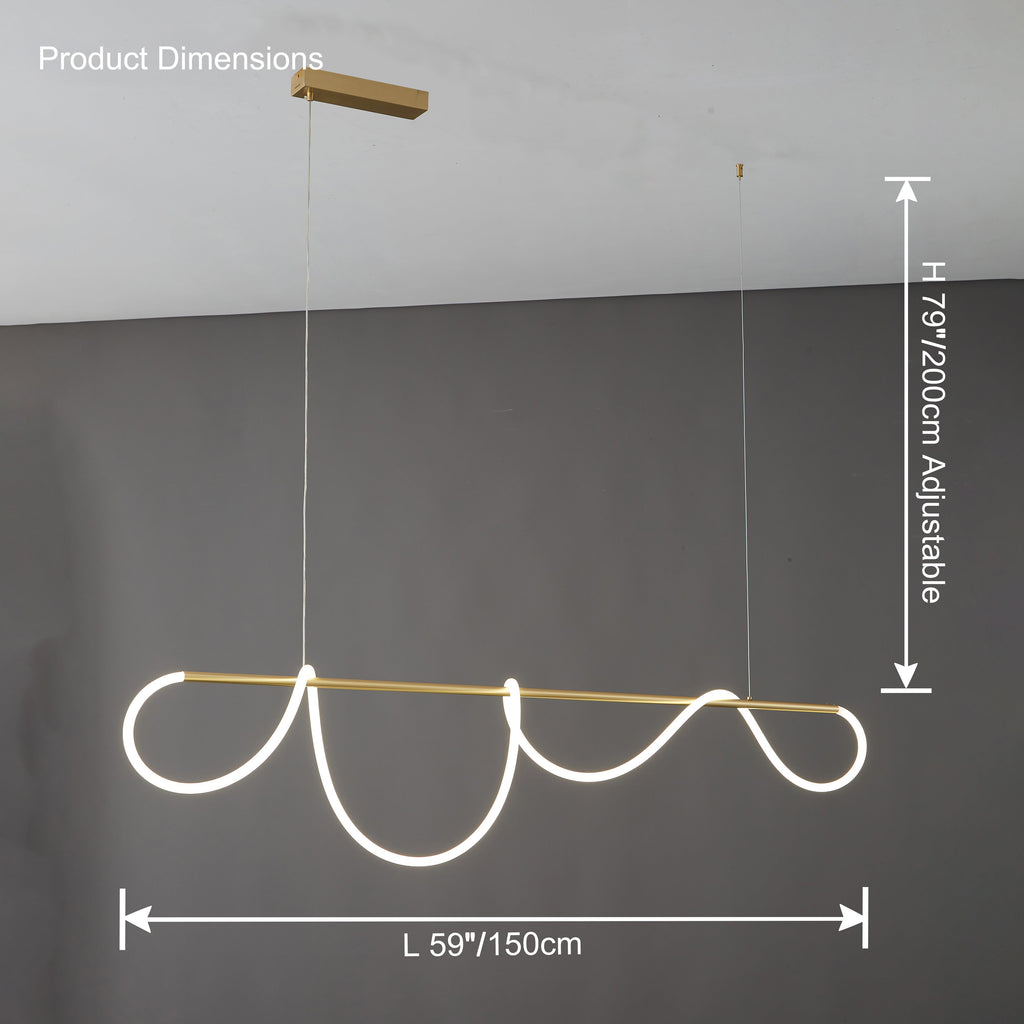 LED Rope Linear Brass Chandelier - Modern Fixture for Dining Room & Living Spaces