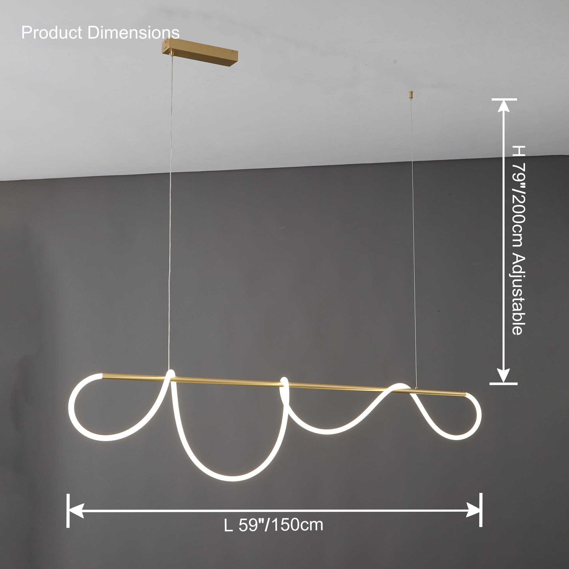 LED Rope Linear Brass Chandelier - Modern Fixture for Dining Room & Living Spaces