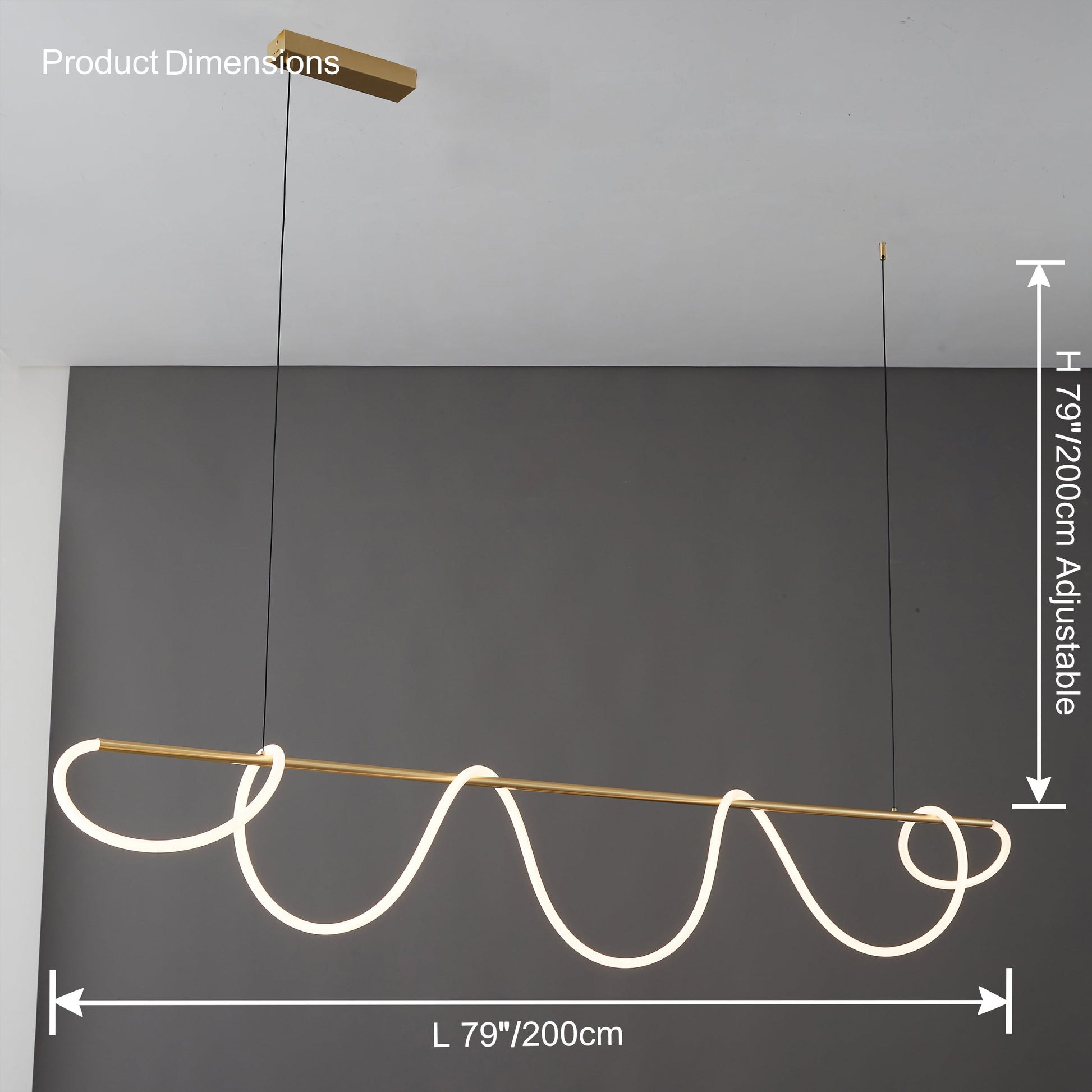 LED Rope Linear Brass Chandelier - Modern Fixture for Dining Room & Living Spaces