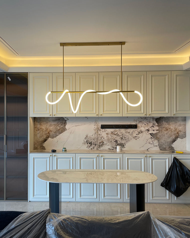 LED Rope Linear Brass Chandelier - Modern Fixture for Dining Room & Living Spaces