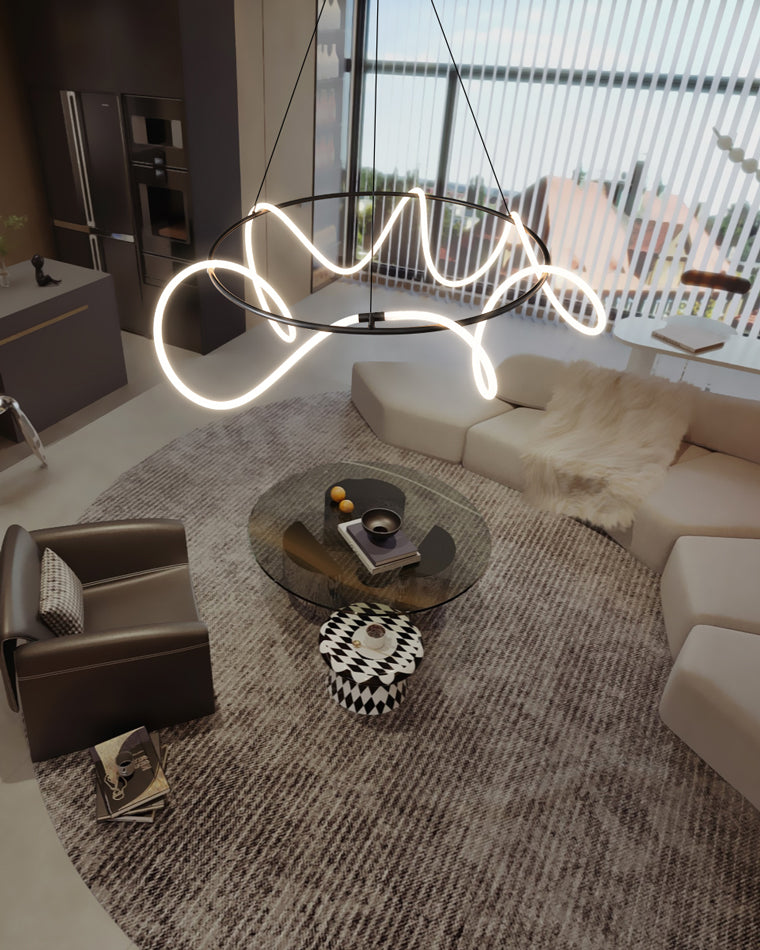LED Rope Round Chandelier - Modern Fixture for Dining Room & Living Space Lighting