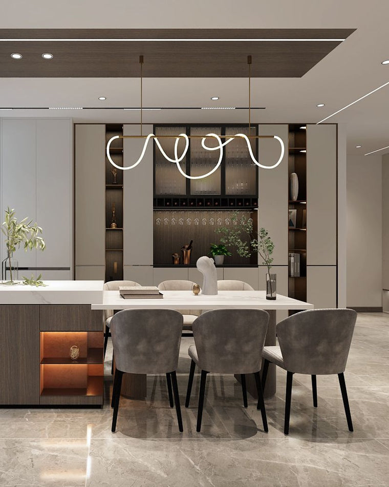 LED Rope Linear Brass Chandelier - Modern Fixture for Dining Room & Living Spaces