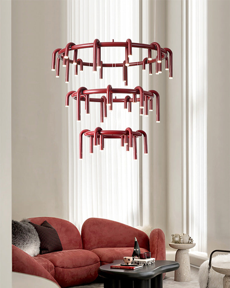 Red Round Chandelier - U-Tube Design for Modern Home Decor & Dining Room Lighting