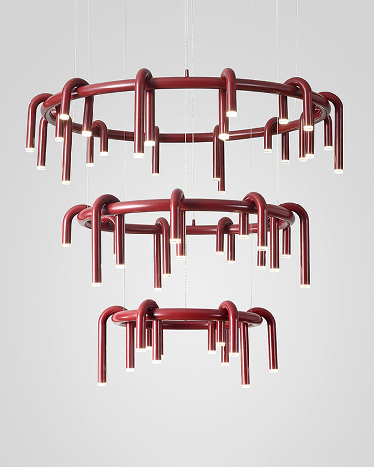 Red Round Chandelier - U-Tube Design for Modern Home Decor & Dining Room Lighting