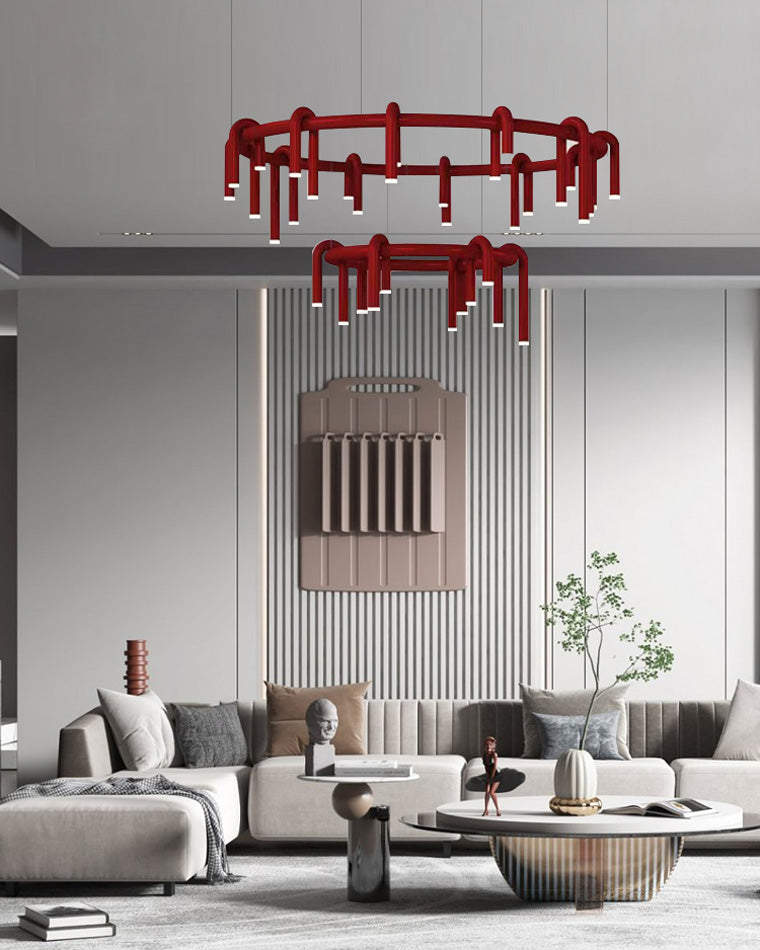 Red Round Chandelier - U-Tube Design for Modern Home Decor & Dining Room Lighting