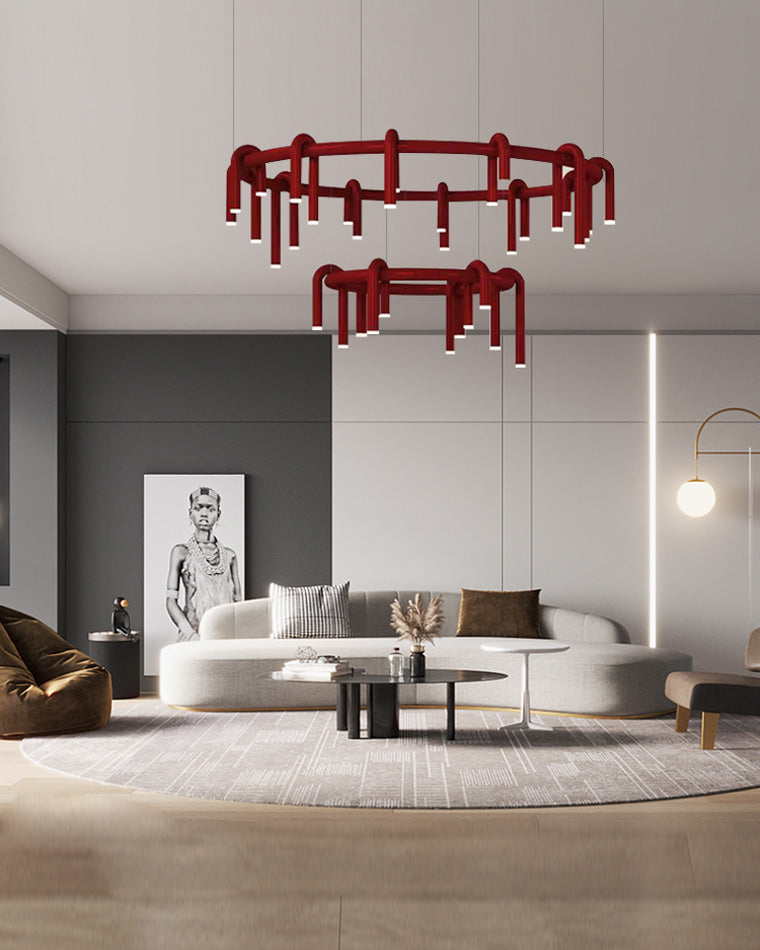 Red Round Chandelier - U-Tube Design for Modern Home Decor & Dining Room Lighting
