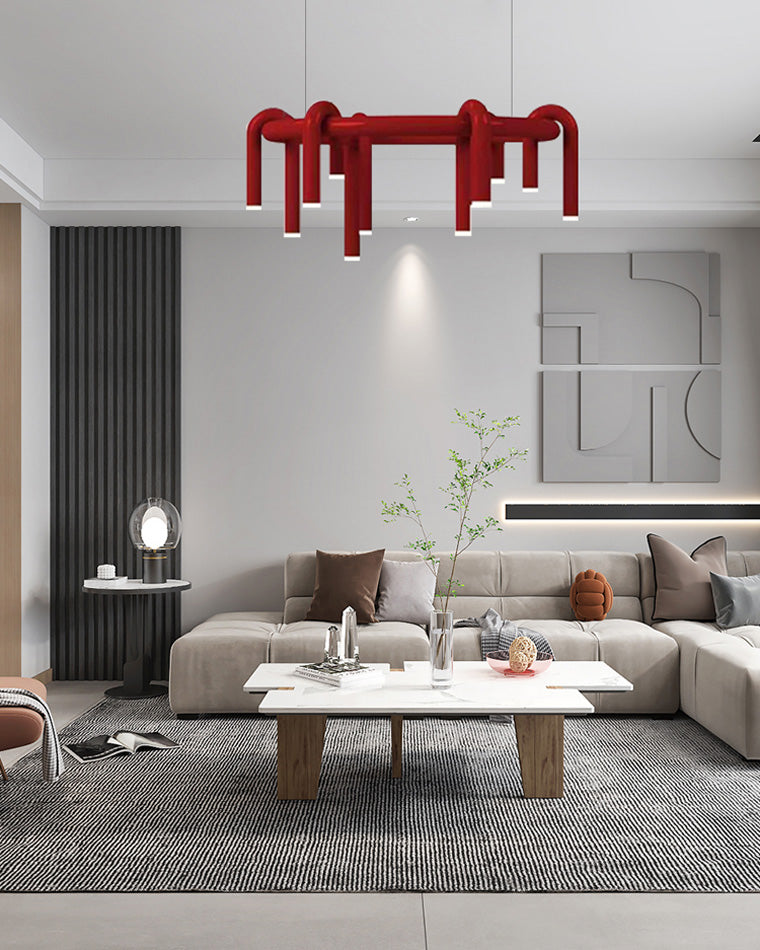 Red Round Chandelier - U-Tube Design for Modern Home Decor & Dining Room Lighting