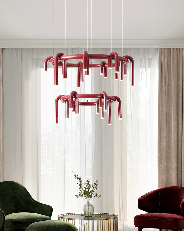 Red Round Chandelier - U-Tube Design for Modern Home Decor & Dining Room Lighting