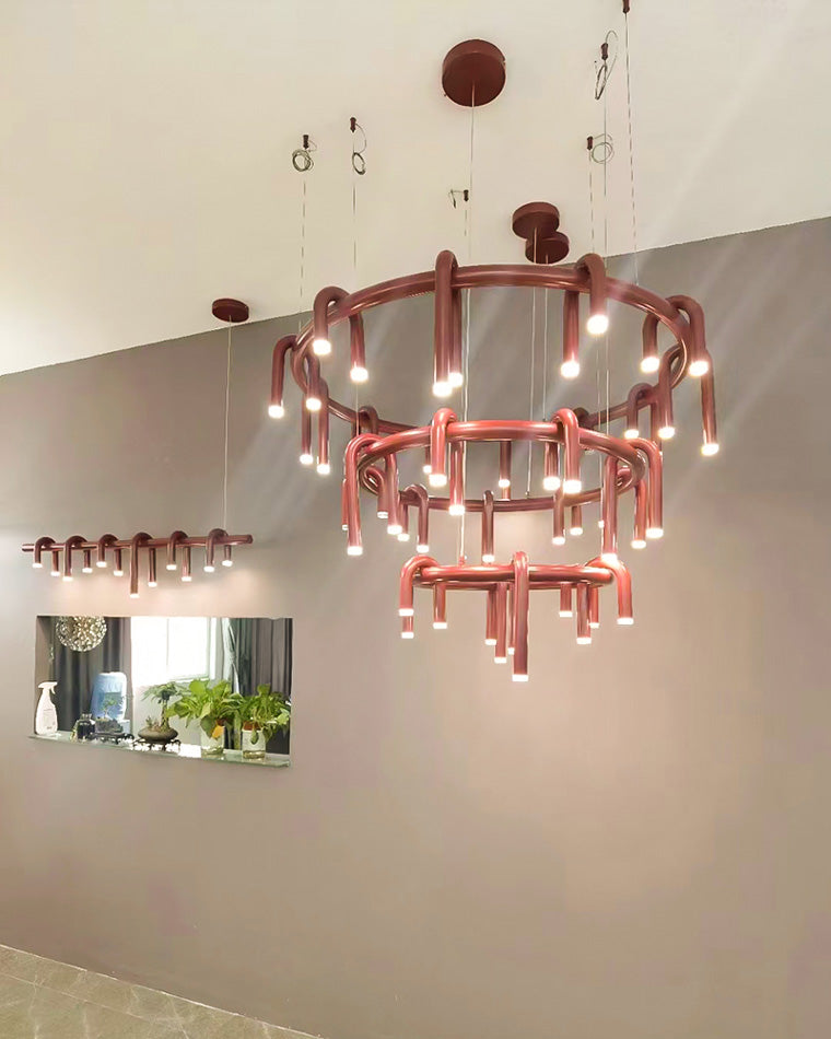 Red Round Chandelier - U-Tube Design for Modern Home Decor & Dining Room Lighting