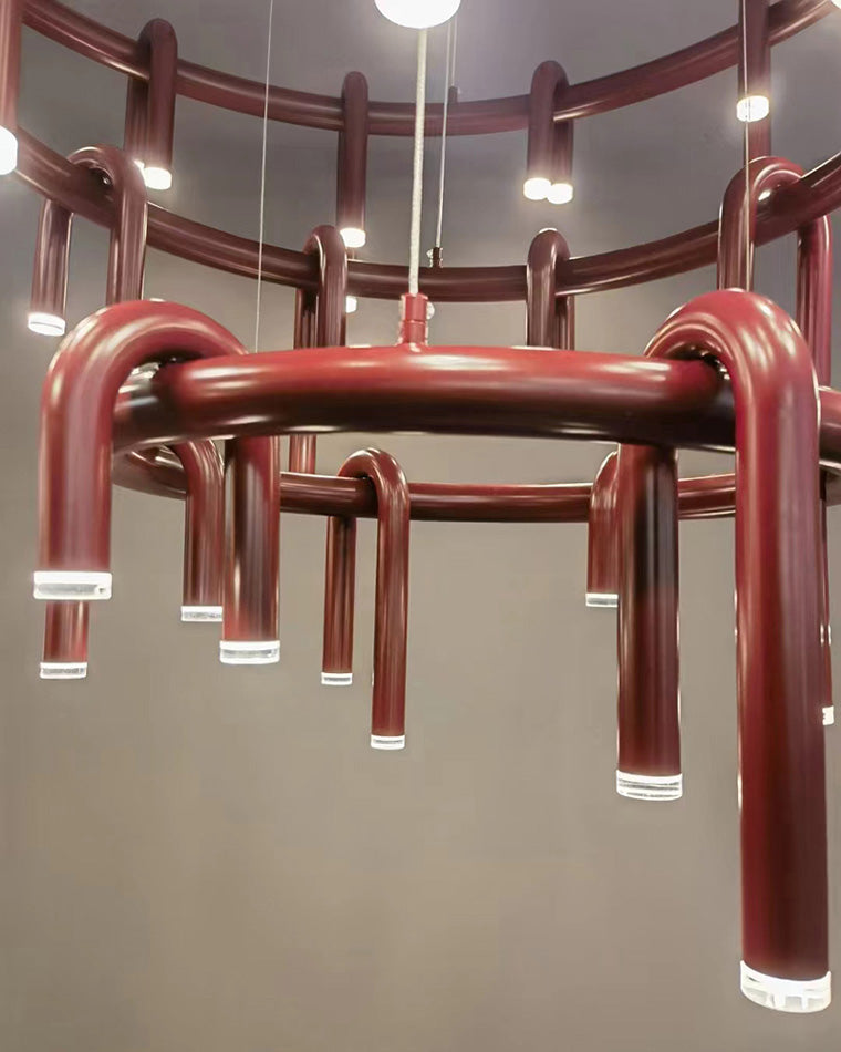 Red Round Chandelier - U-Tube Design for Modern Home Decor & Dining Room Lighting