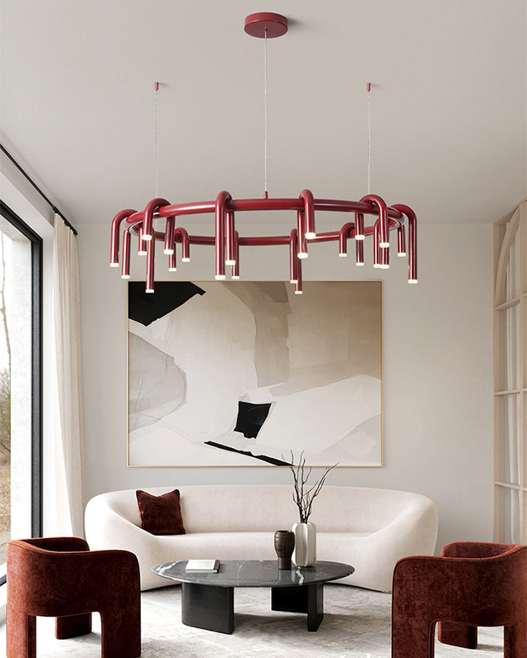 Red Round Chandelier - U-Tube Design for Modern Home Decor & Dining Room Lighting
