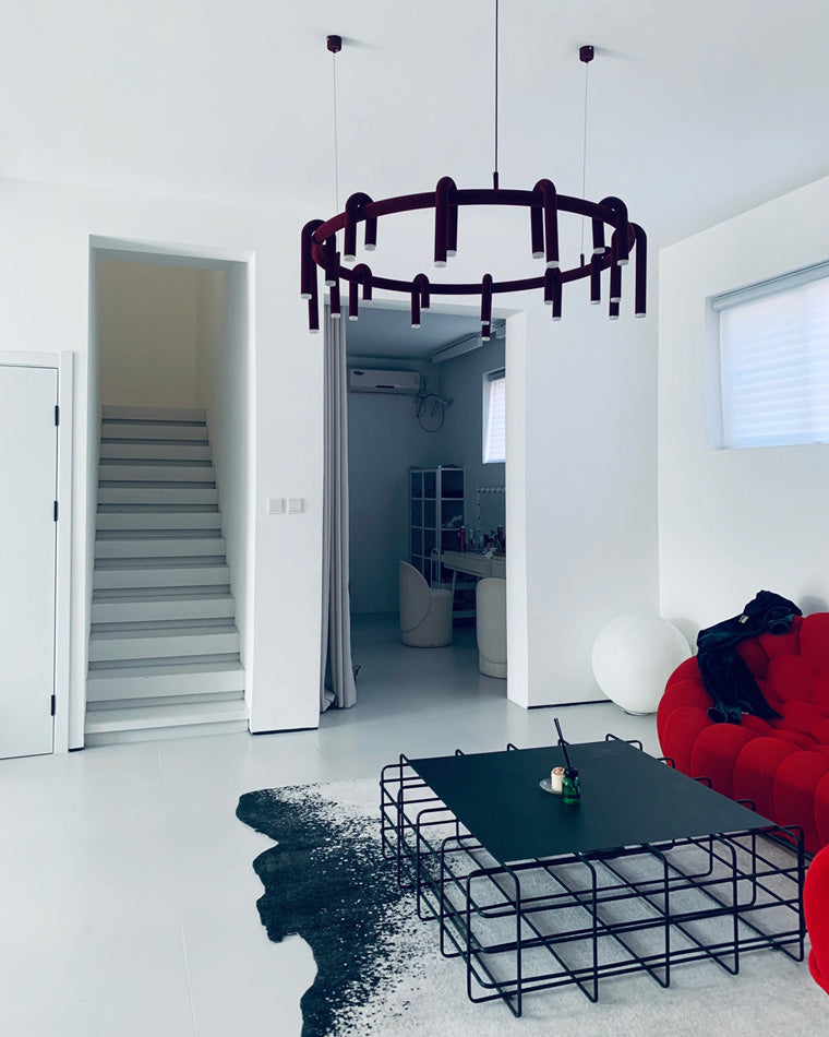 Red Round Chandelier - U-Tube Design for Modern Home Decor & Dining Room Lighting