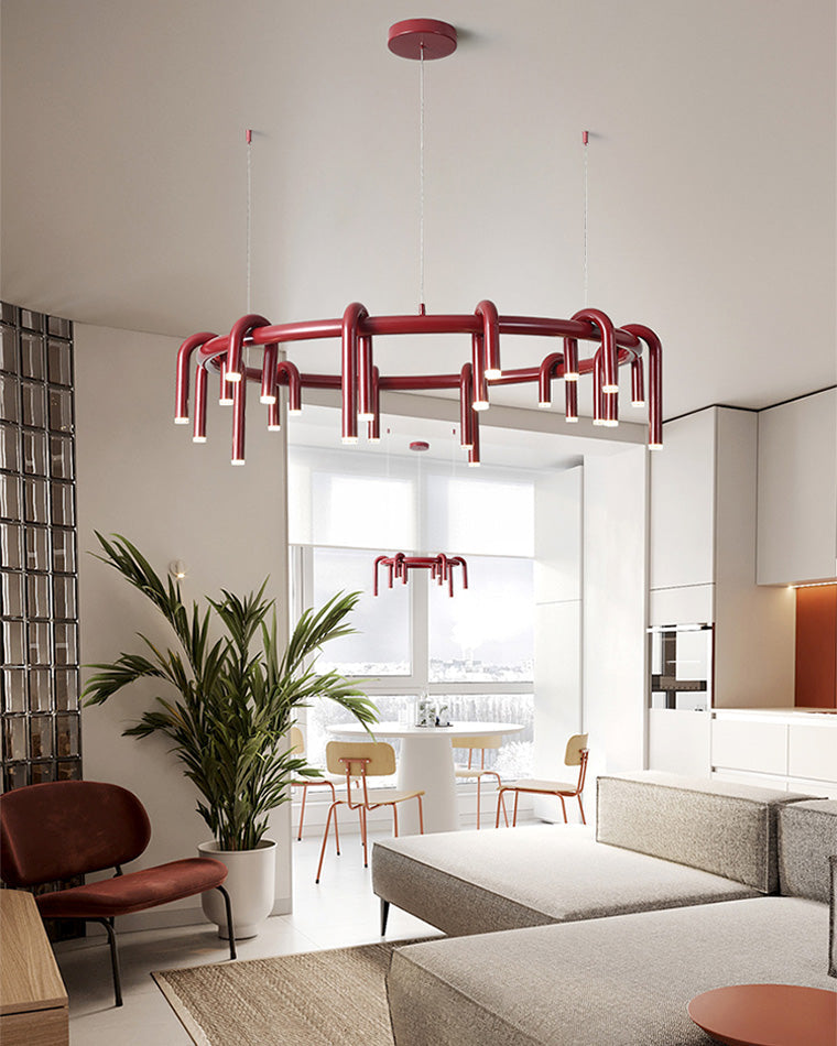 Red Round Chandelier - U-Tube Design for Modern Home Decor & Dining Room Lighting