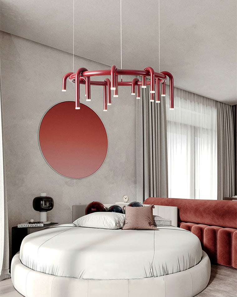 Red Round Chandelier - U-Tube Design for Modern Home Decor & Dining Room Lighting