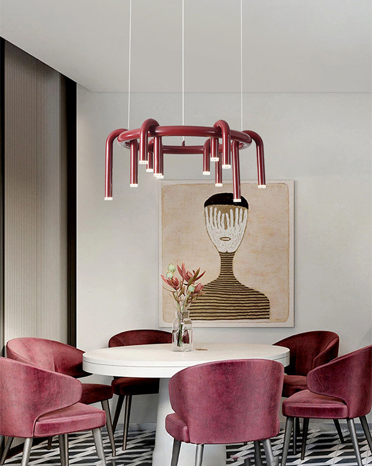 Red Round Chandelier - U-Tube Design for Modern Home Decor & Dining Room Lighting