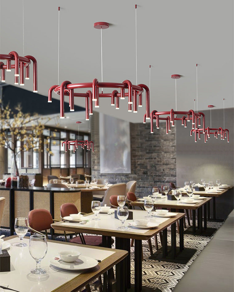 Red Round Chandelier - U-Tube Design for Modern Home Decor & Dining Room Lighting