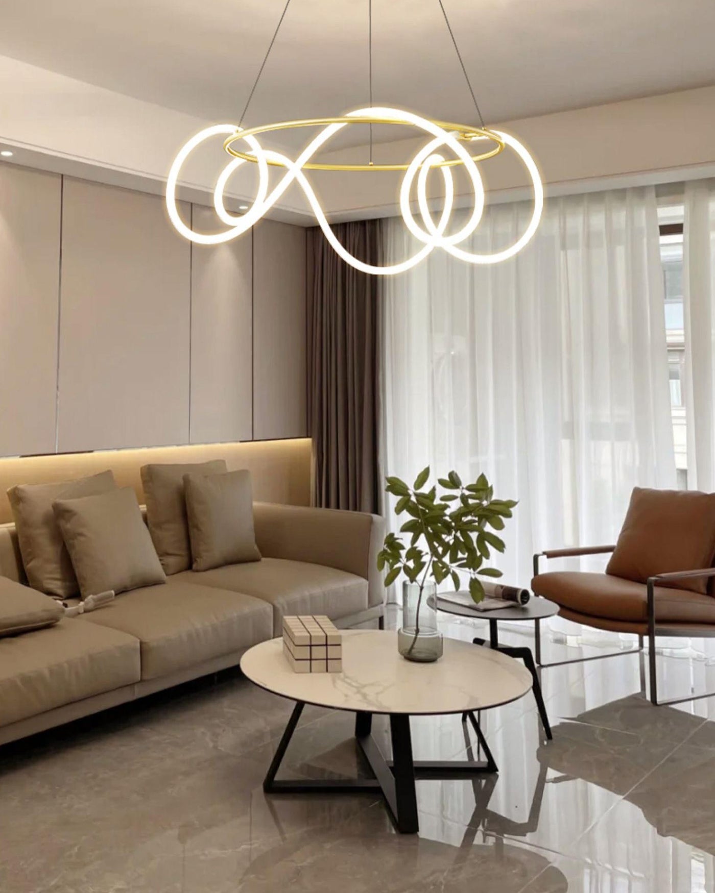 LED Rope Round Chandelier - Modern Fixture for Dining Room & Living Space Lighting