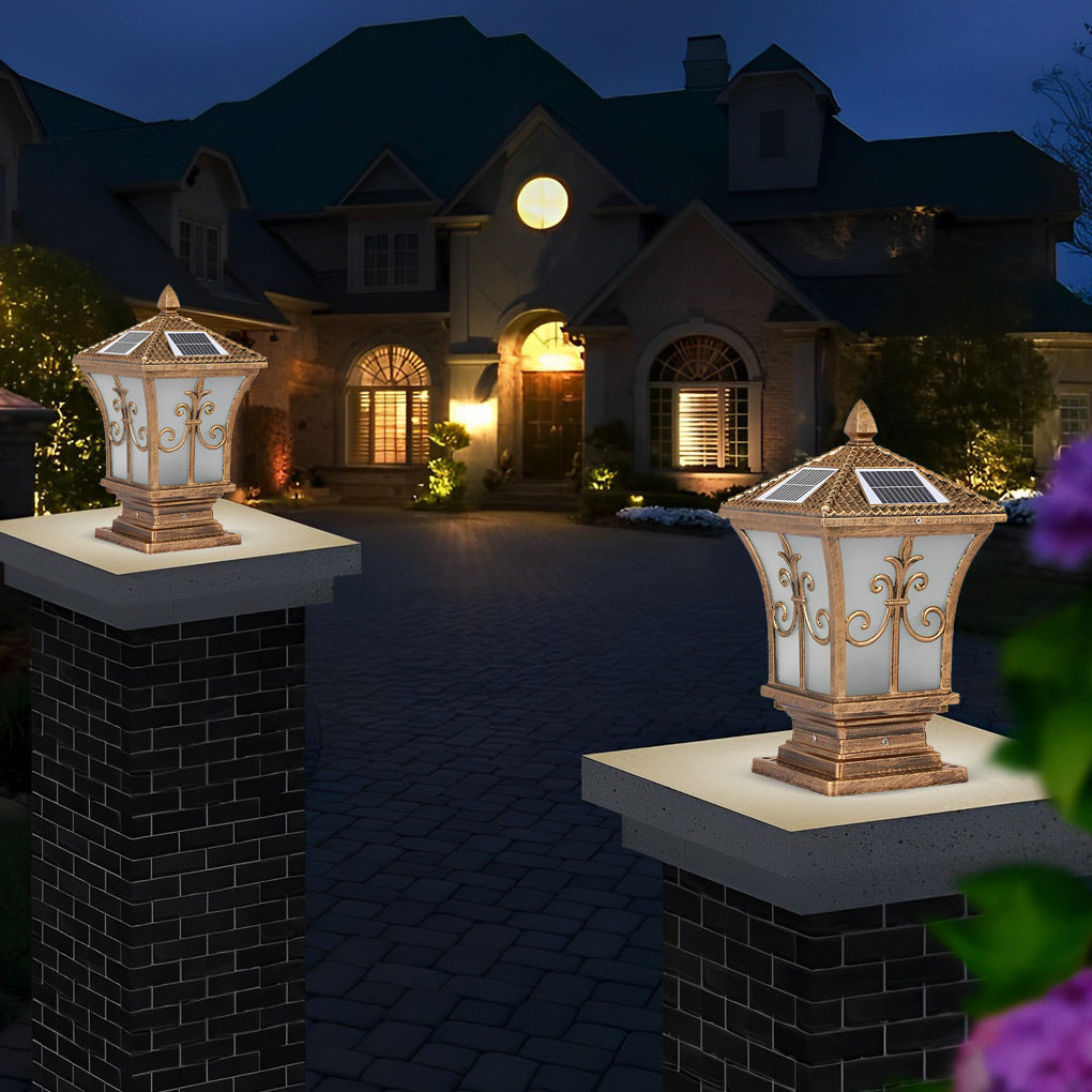 Solar Powered Waterproof Vintage Pattern Fence Post Lights for Outdoor Garden & Patio Lighting