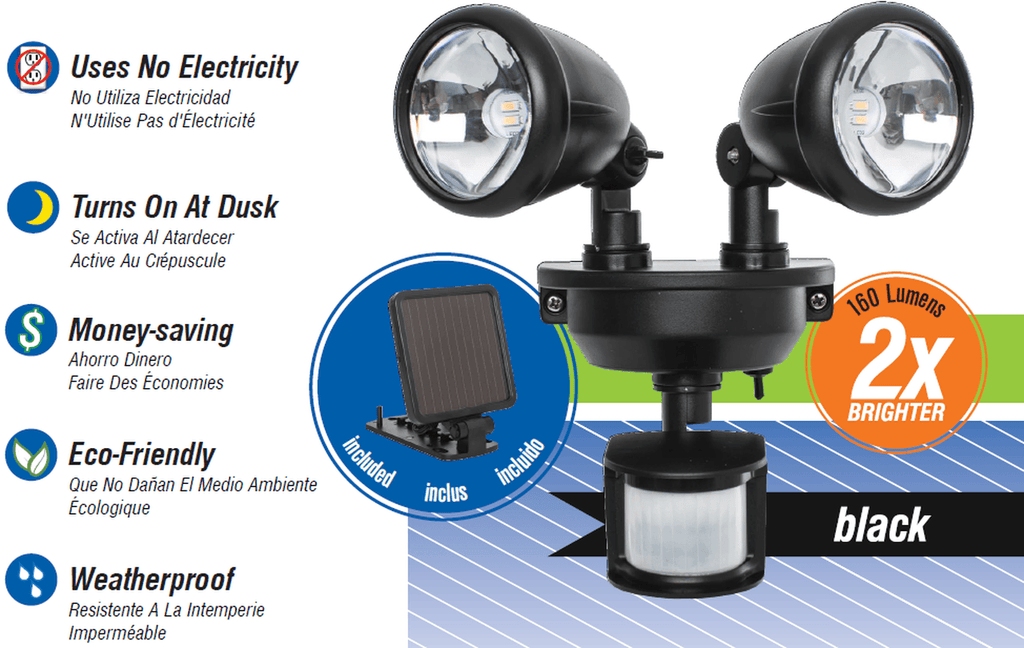 Solar Security Light with Dual Heads & Motion Sensor | Outdoor Lighting for Patios & Driveways in White or Black