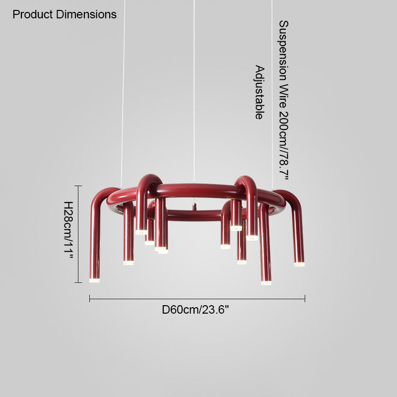 Red Round Chandelier - U-Tube Design for Modern Home Decor & Dining Room Lighting