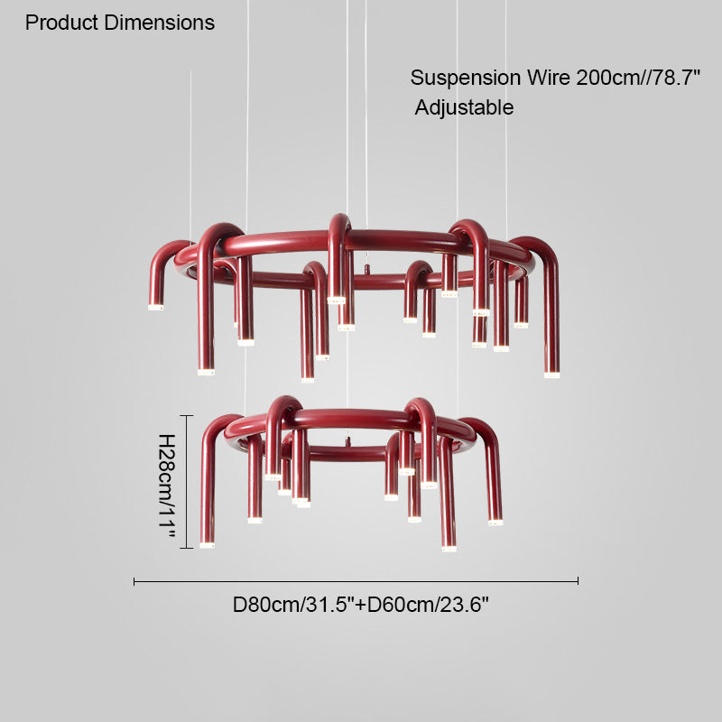 Red Round Chandelier - U-Tube Design for Modern Home Decor & Dining Room Lighting