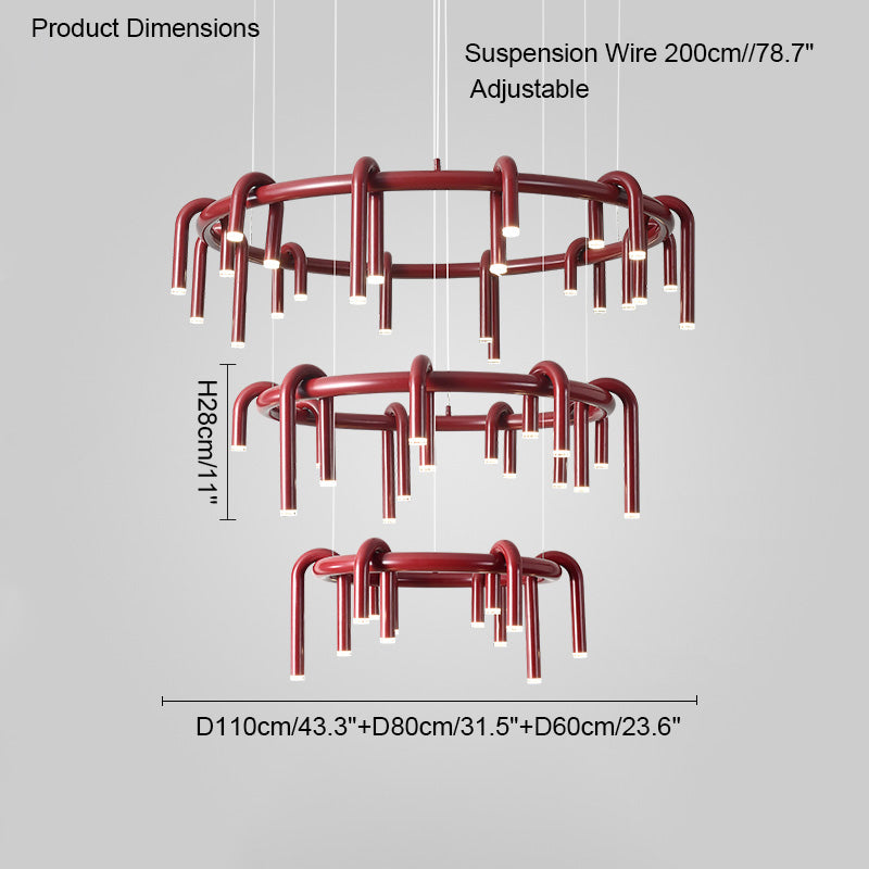 Red Round Chandelier - U-Tube Design for Modern Home Decor & Dining Room Lighting