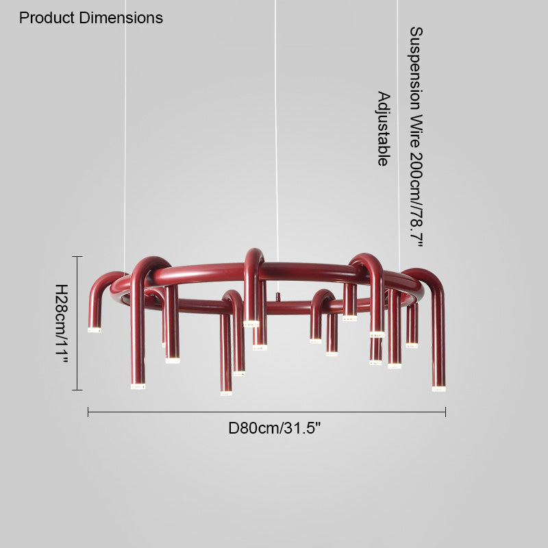 Red Round Chandelier - U-Tube Design for Modern Home Decor & Dining Room Lighting