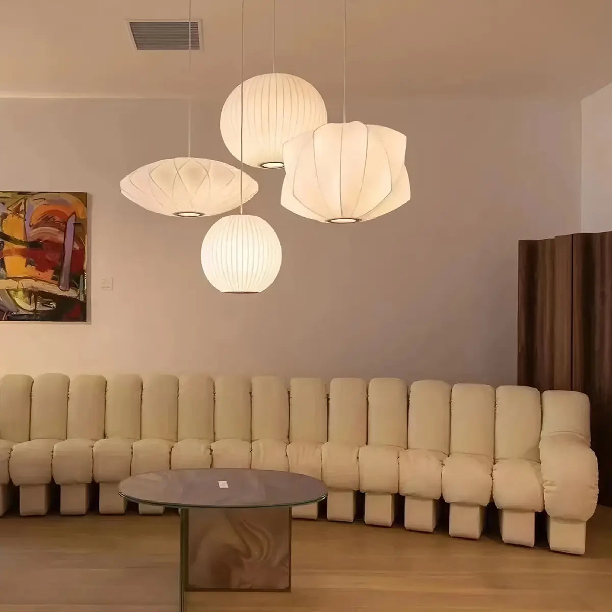 Vintage LED Silk Lantern Pendant Light | Adjustable Height, Sloped Ceiling Friendly & Ideal for Living Rooms and Dining Areas