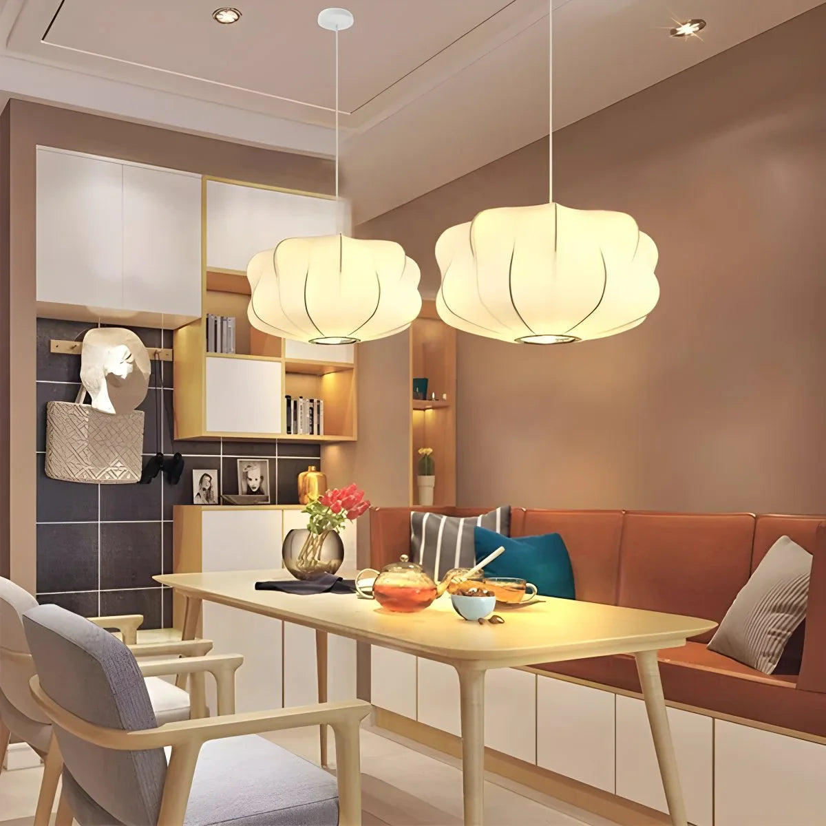 Vintage LED Silk Lantern Pendant Light | Adjustable Height, Sloped Ceiling Friendly & Ideal for Living Rooms and Dining Areas