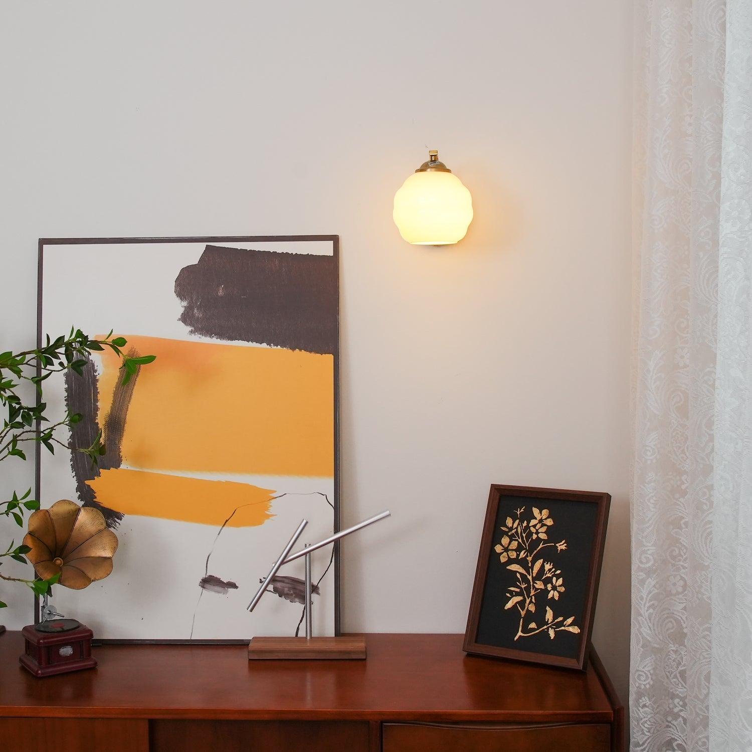 Art Deco Plug-in Wall Lamp | Vintage Gold or Chrome Finish with White Glass Shade for Indoor Use