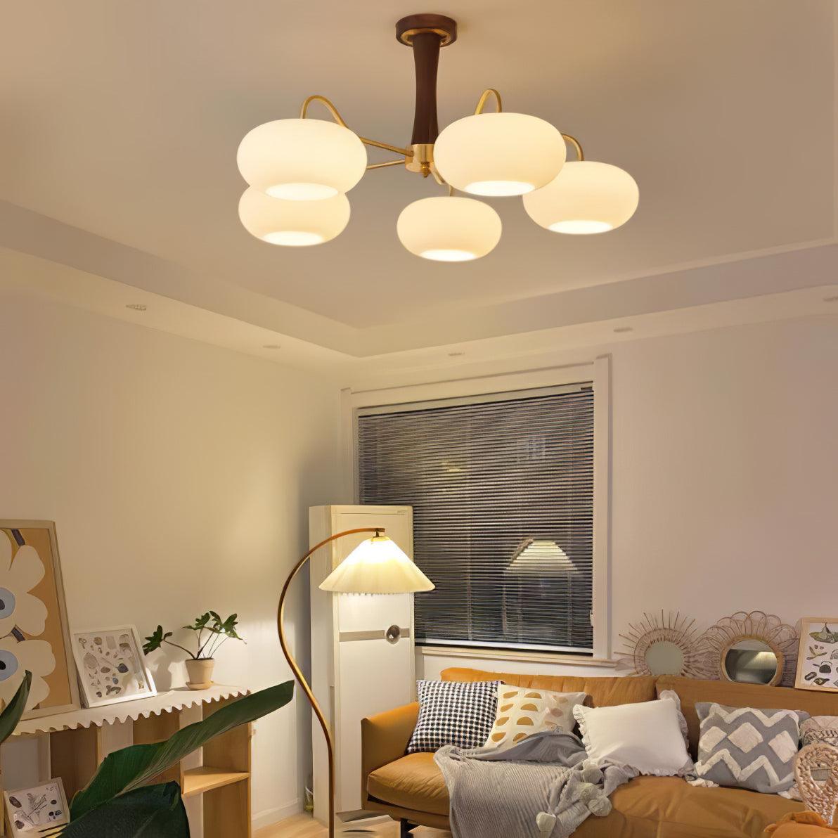 Brass Wooden Persimmon Chandelier | Intricate Glass Design & LED Compatible for Living Room, Hallway, or Bedroom