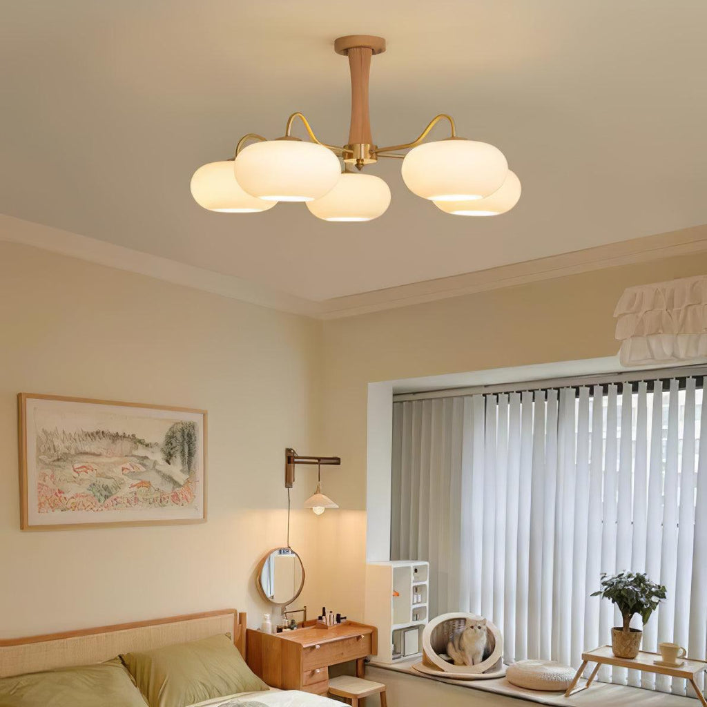 Brass Wooden Persimmon Chandelier | Intricate Glass Design & LED Compatible for Living Room, Hallway, or Bedroom