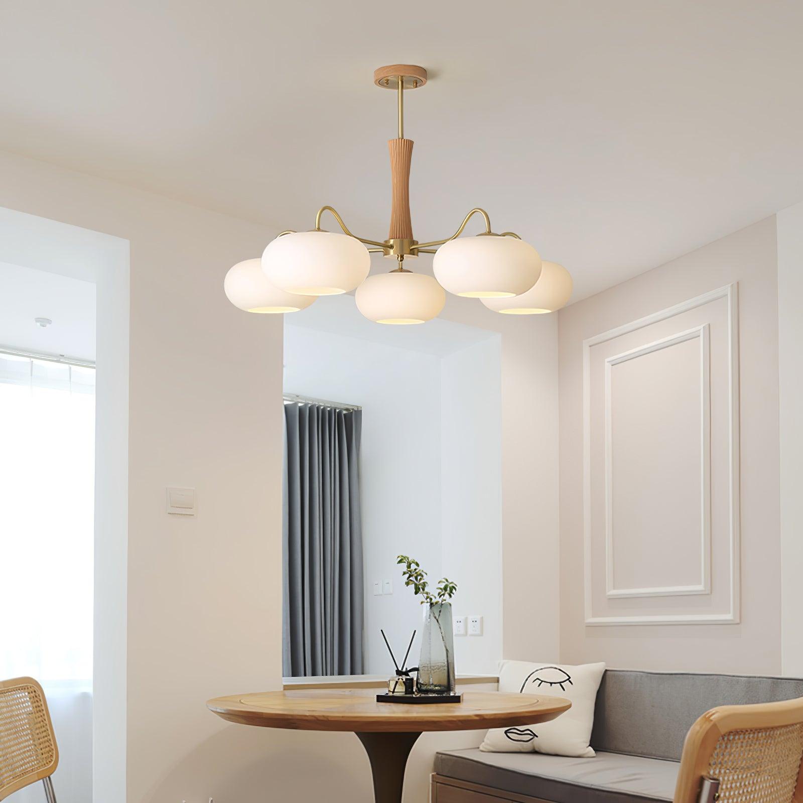 Brass Wooden Persimmon Chandelier | Intricate Glass Design & LED Compatible for Living Room, Hallway, or Bedroom