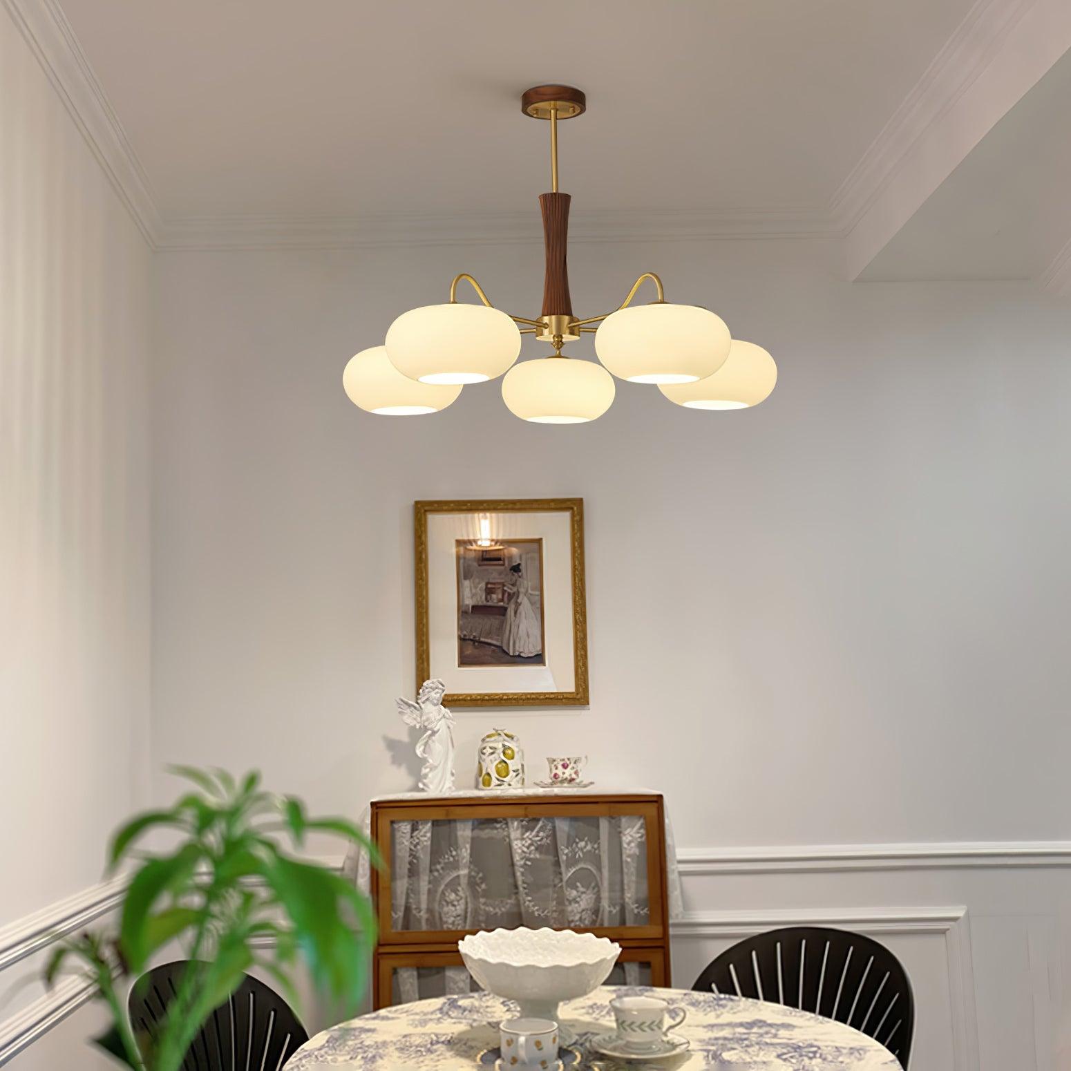 Brass Wooden Persimmon Chandelier | Intricate Glass Design & LED Compatible for Living Room, Hallway, or Bedroom