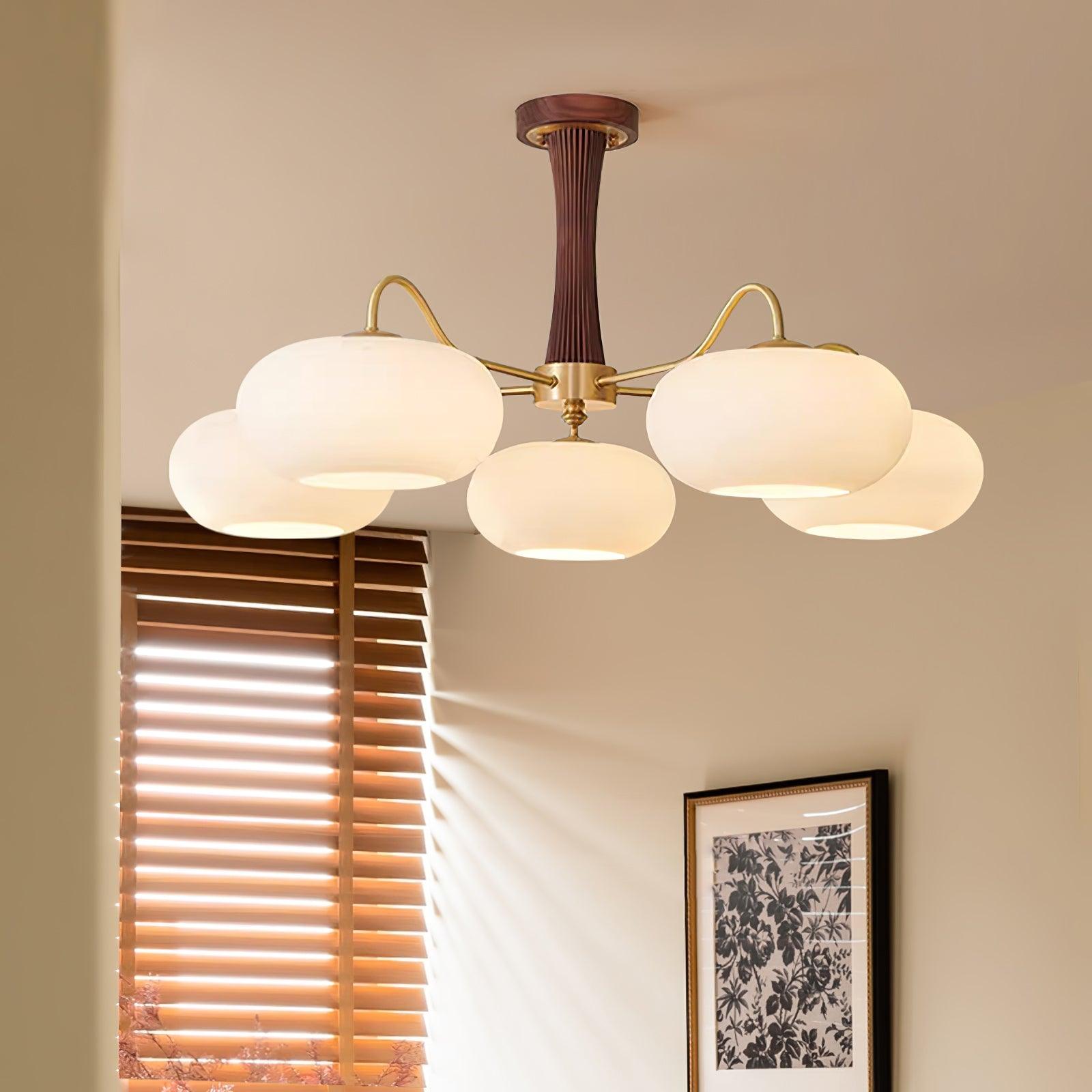 Brass Wooden Persimmon Chandelier | Intricate Glass Design & LED Compatible for Living Room, Hallway, or Bedroom