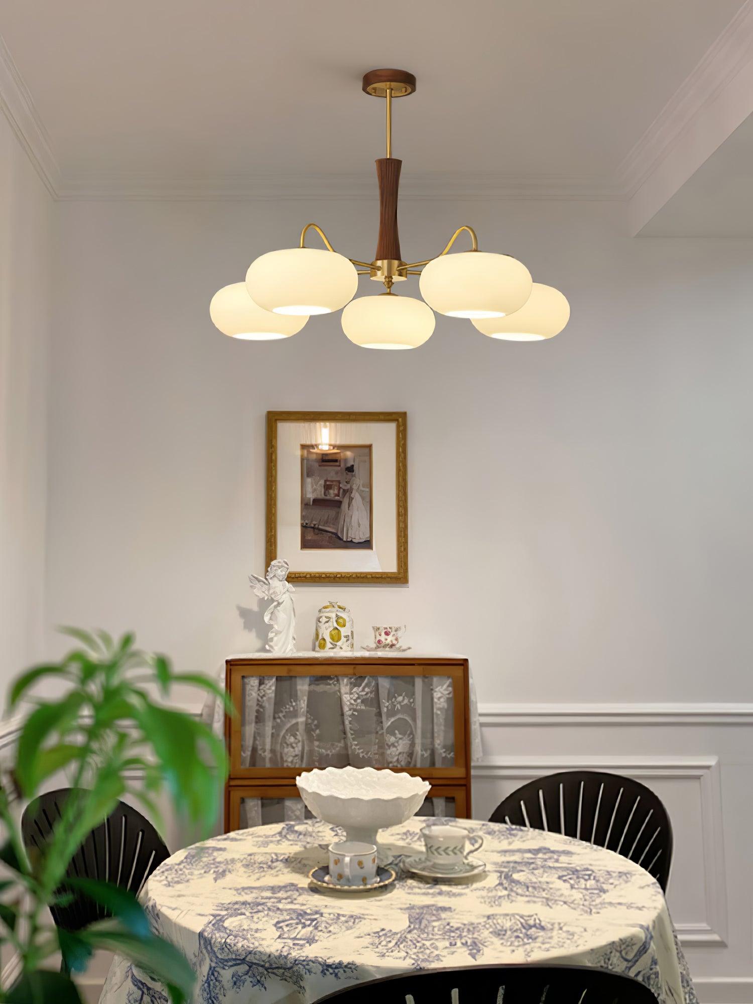 Brass Wooden Persimmon Chandelier | Intricate Glass Design & LED Compatible for Living Room, Hallway, or Bedroom
