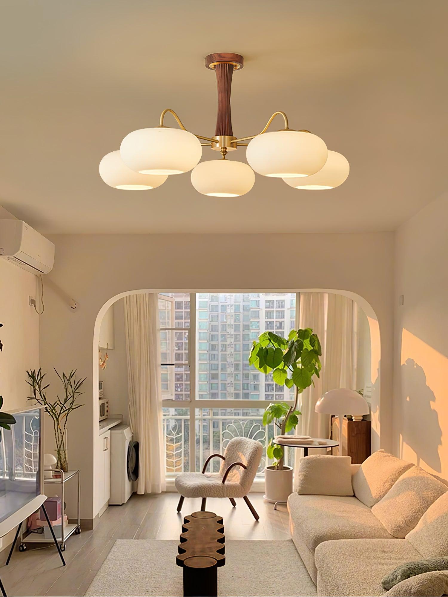 Brass Wooden Persimmon Chandelier | Intricate Glass Design & LED Compatible for Living Room, Hallway, or Bedroom
