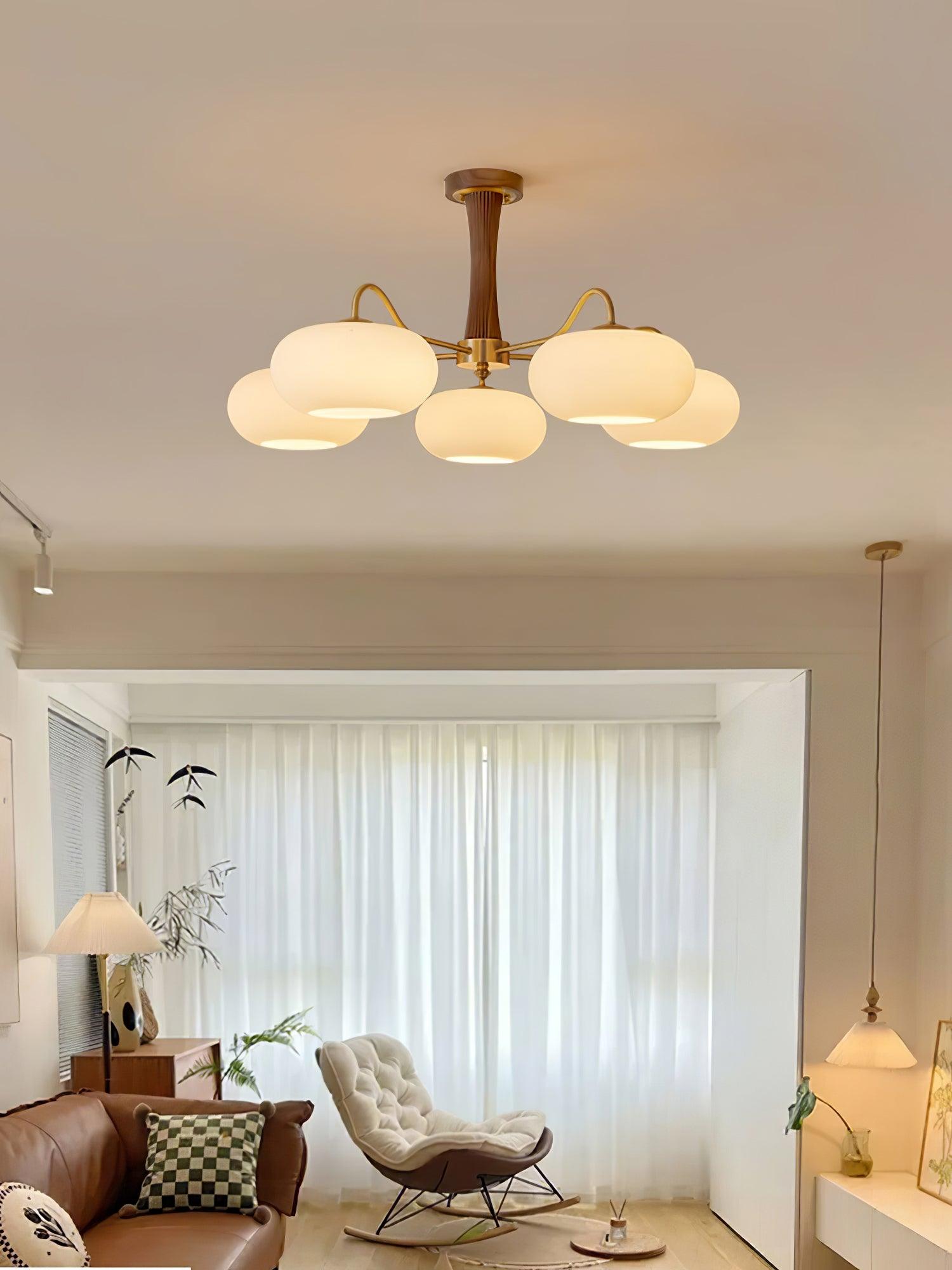 Brass Wooden Persimmon Chandelier | Intricate Glass Design & LED Compatible for Living Room, Hallway, or Bedroom