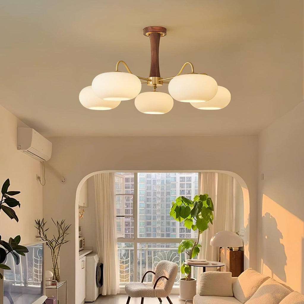 Brass Wooden Persimmon Chandelier | Intricate Glass Design & LED Compatible for Living Room, Hallway, or Bedroom