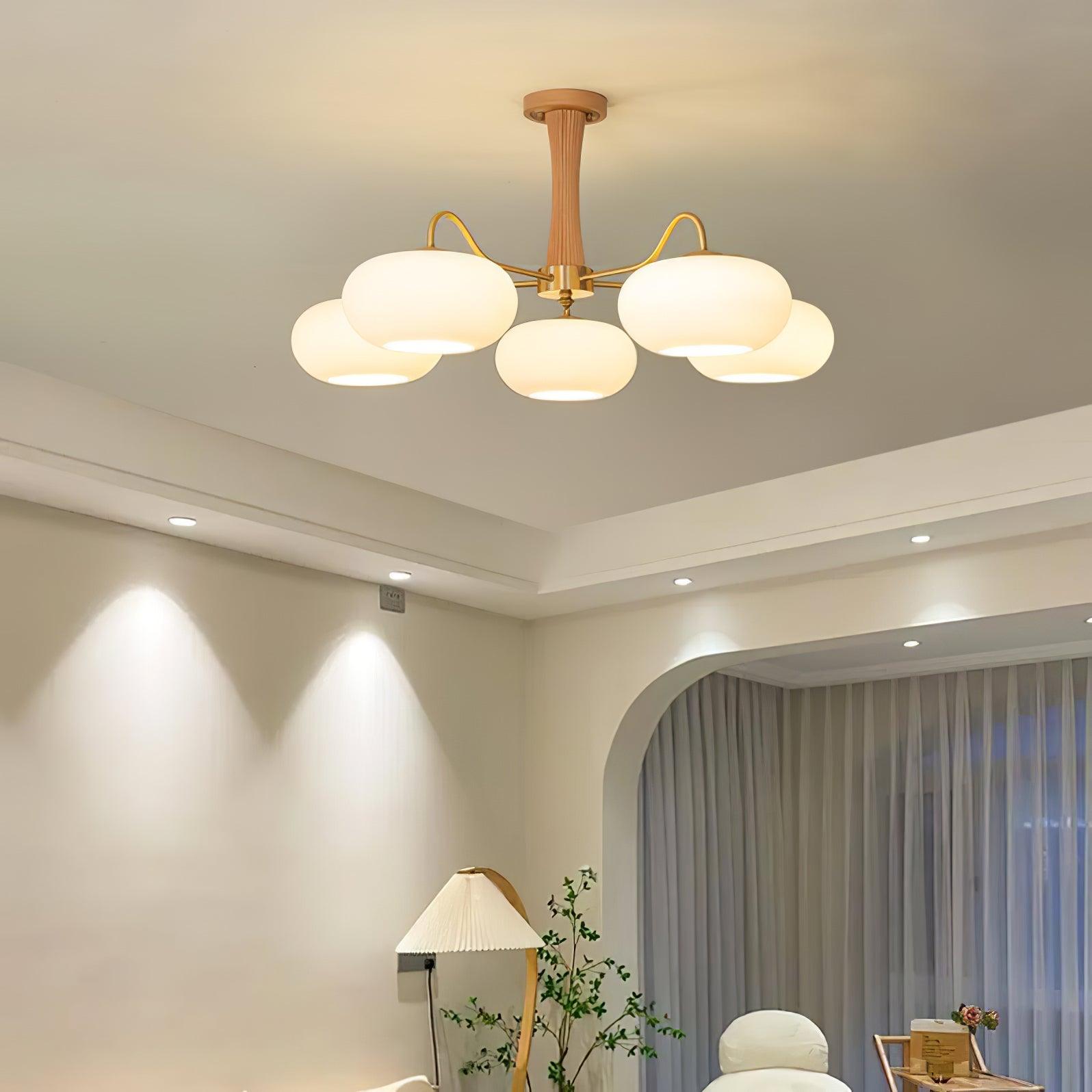 Brass Wooden Persimmon Chandelier | Intricate Glass Design & LED Compatible for Living Room, Hallway, or Bedroom