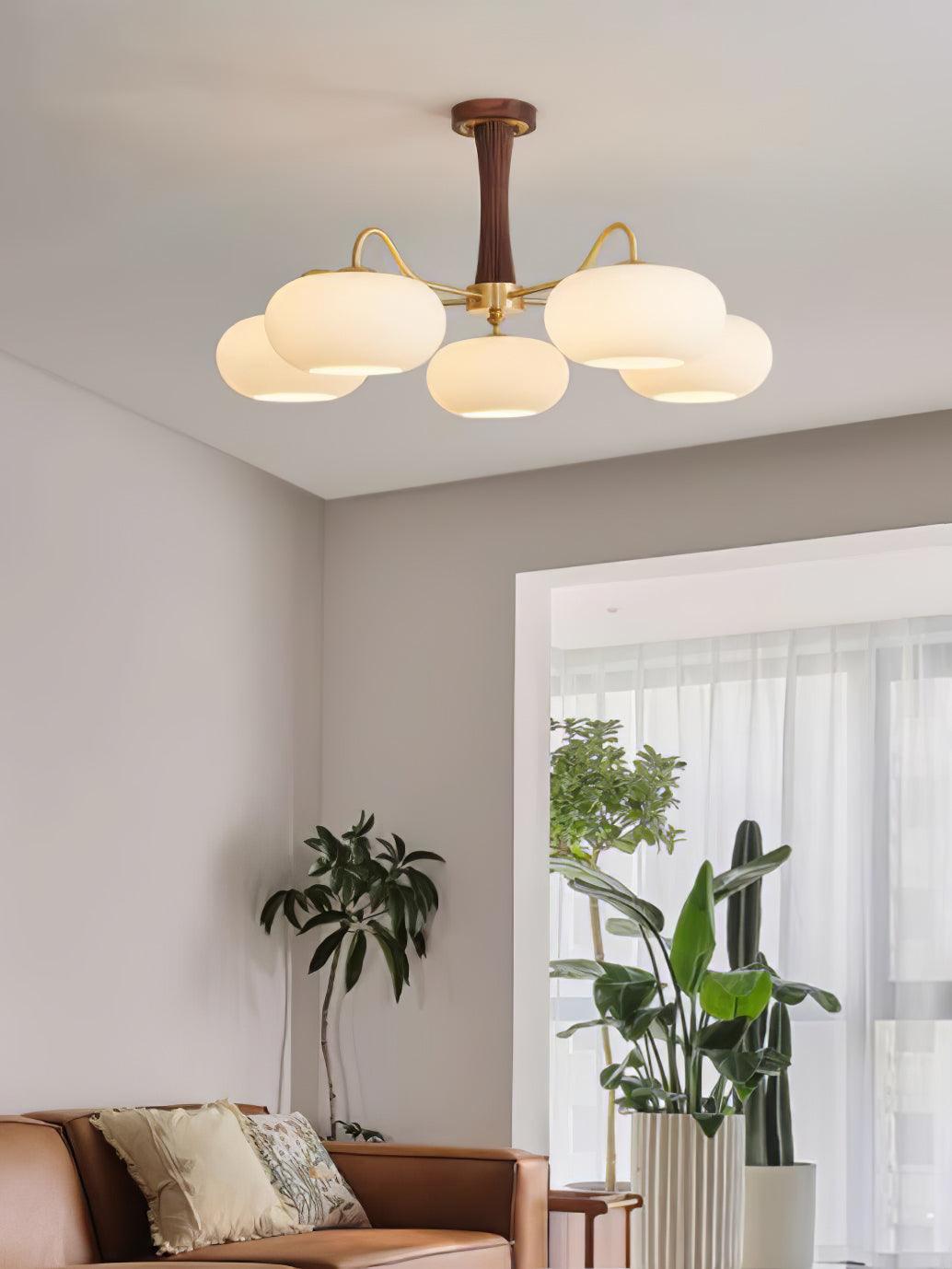 Brass Wooden Persimmon Chandelier | Intricate Glass Design & LED Compatible for Living Room, Hallway, or Bedroom